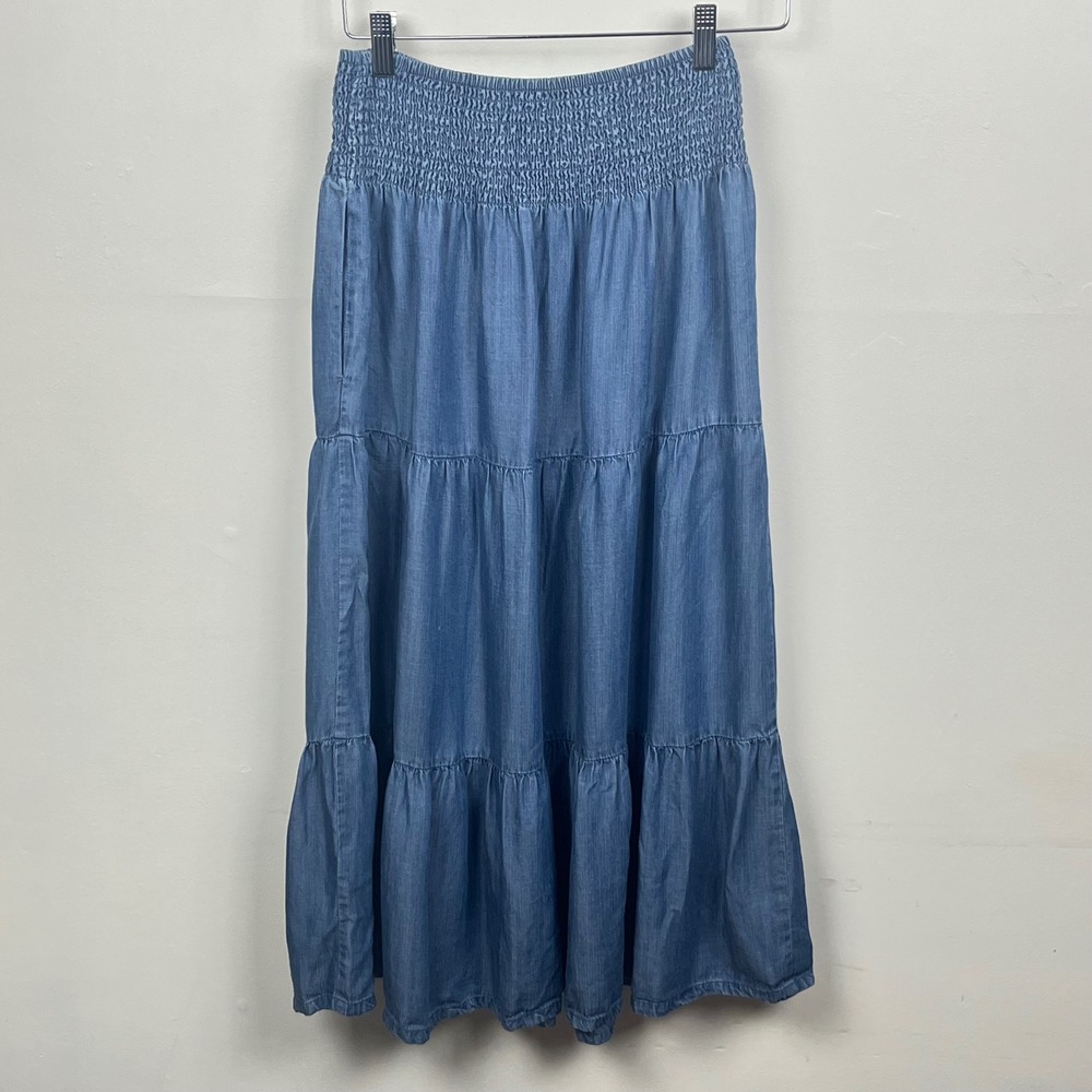 Marine Layer Blue Tencel Tiered Maxi Skirt Smocked Waist 17243 XS